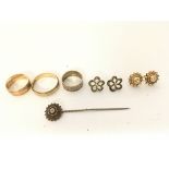 2 x earrings - a tie pin and 3 x 9ct rings. Total