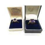 Two 9ct gold rings set with amethyst and diamond c