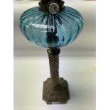 A Victorian brass twist column Oil lamp with blue