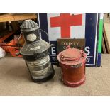 Two vintage shipping lamps. Marked Port and Towing
