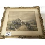 A framed study of a rural cottage by Edwin Lamasur