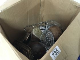 A box containing silver plate and oddments includi