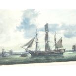 A framed watercolour study of a Battle ship with c