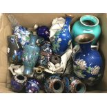 A box of mainly Cloisonne vases.