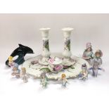 A collection of china pin dolls, dressing table se
