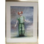 A large watercolour of a clown, signed by the arti