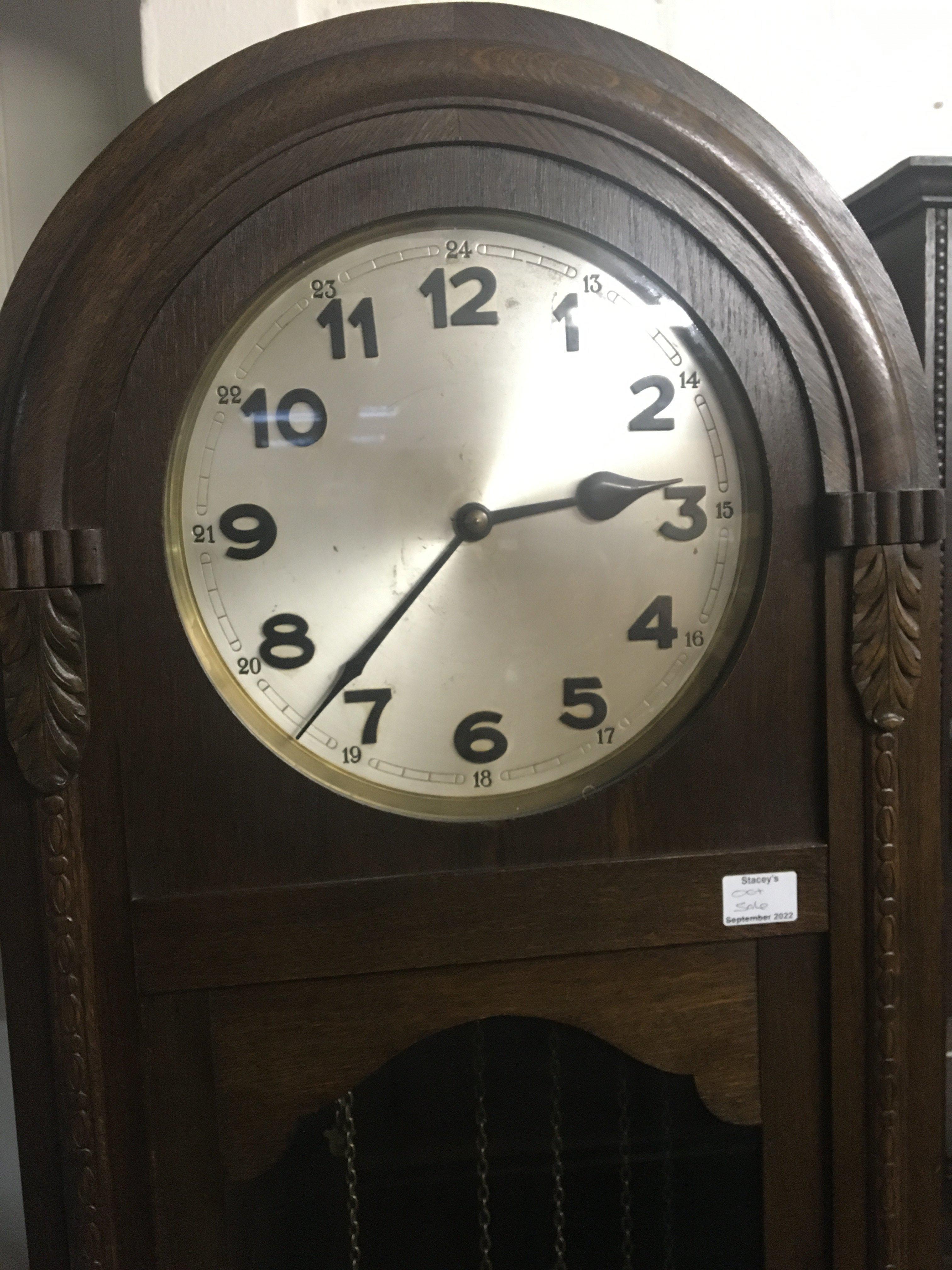 An oak long case clock with visible weights and pendulum. three train movement. With three weights - Image 2 of 2