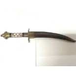Possibly Persian antique knife with brass and Mother of Pearl decoration on handle in leather sheath