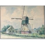 A watercolour study of a Dutch Windmill. With buil