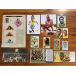 Pele Brazil Football memorabilia: Cigarette cards, stamps, trade cards and a postcard. C/W 3