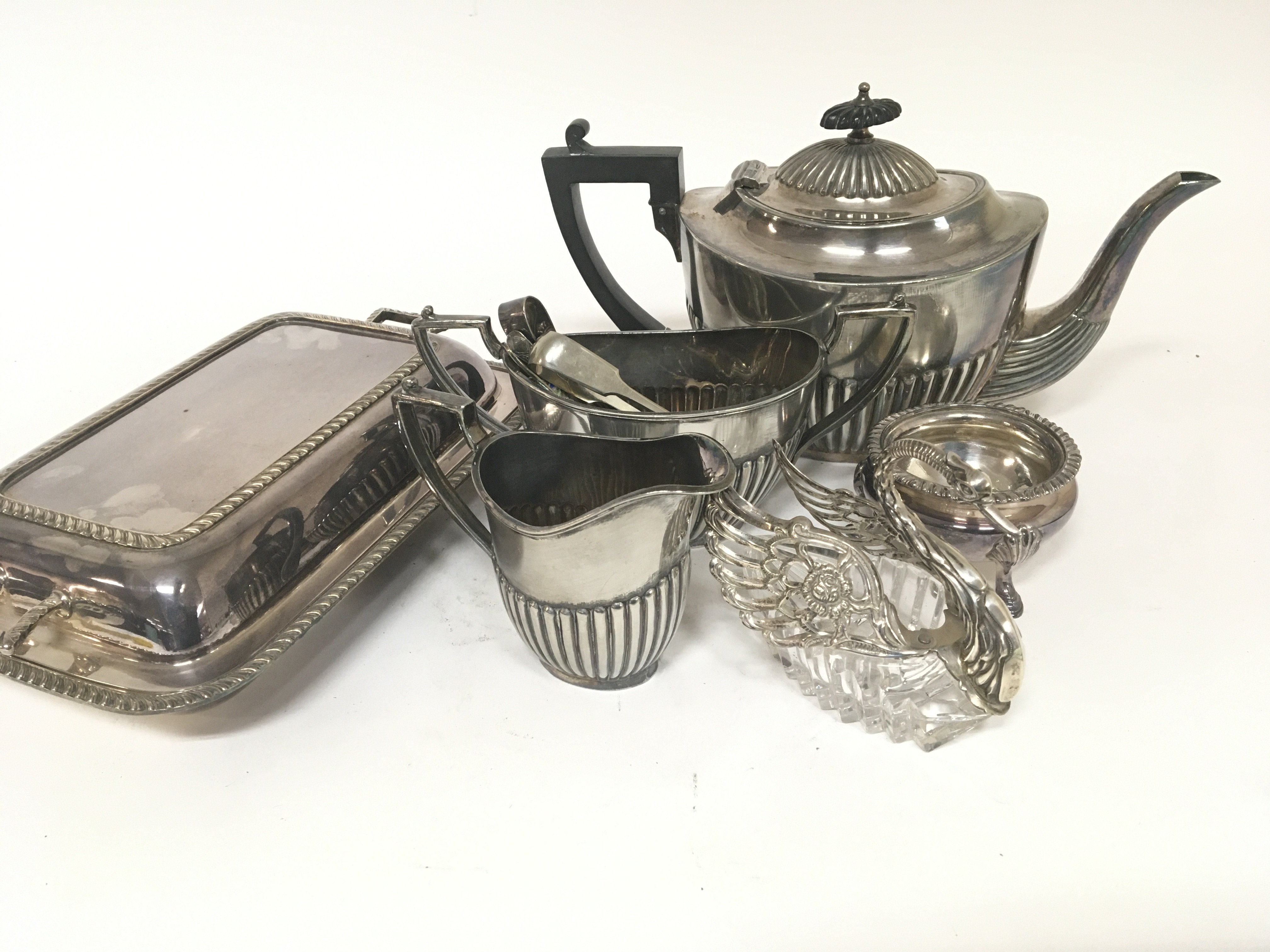 A silver plated tea set a silver winged and cut gl