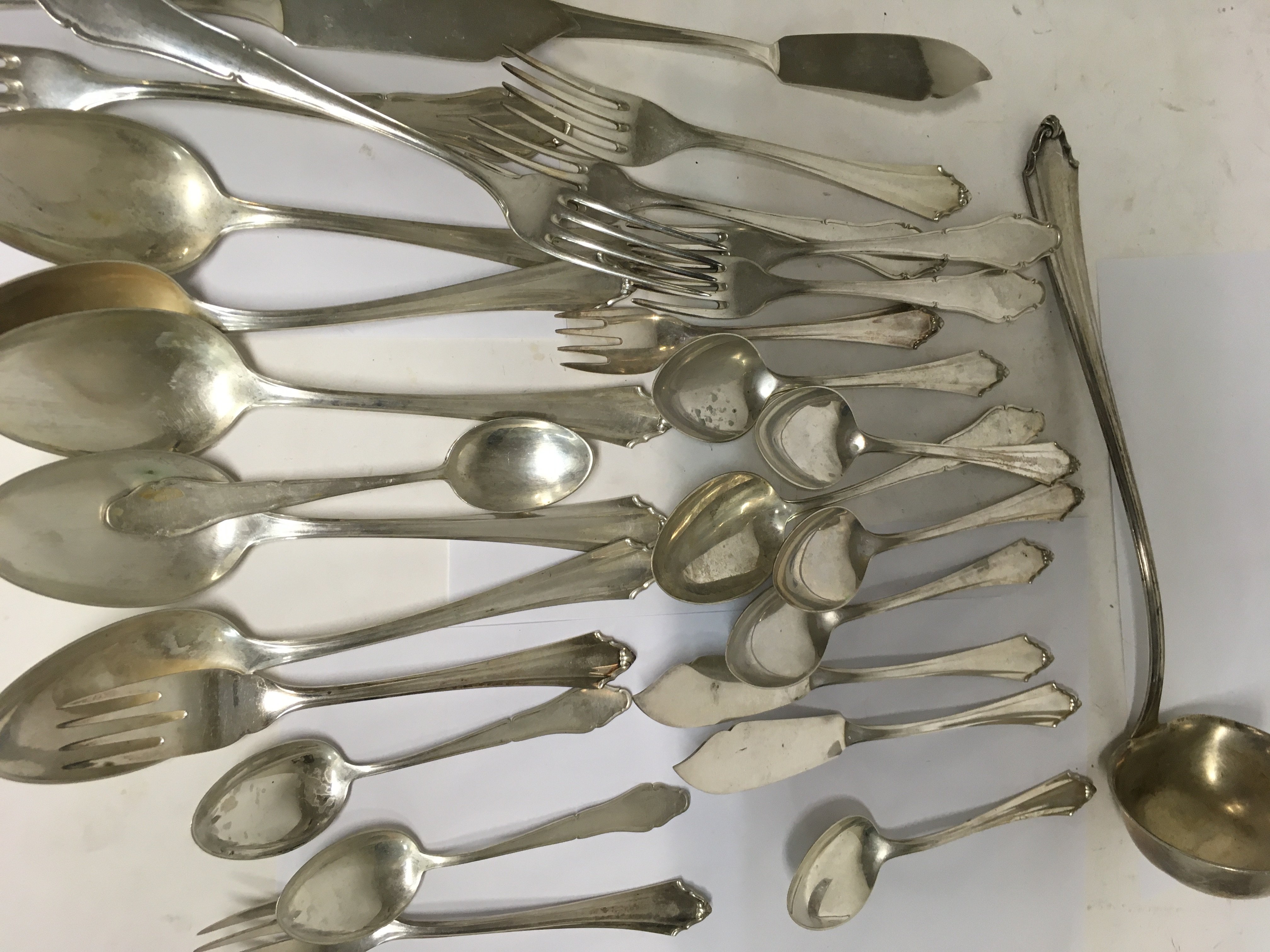 A collection of silver flats ware marked 800 including ladl,e fork ,spoons serving spoons cake slice