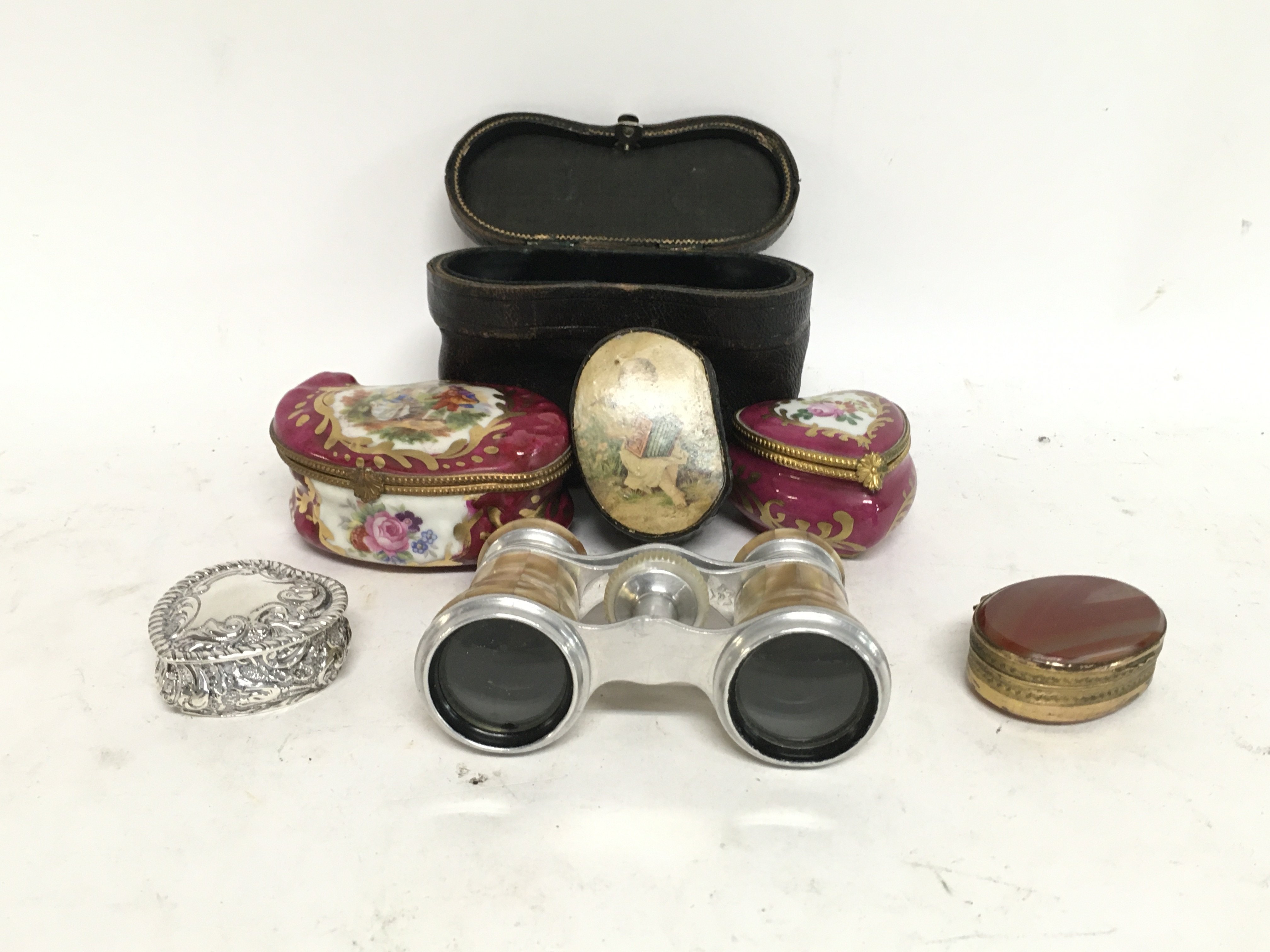 Opera glasses & trinket boxes including one Silver