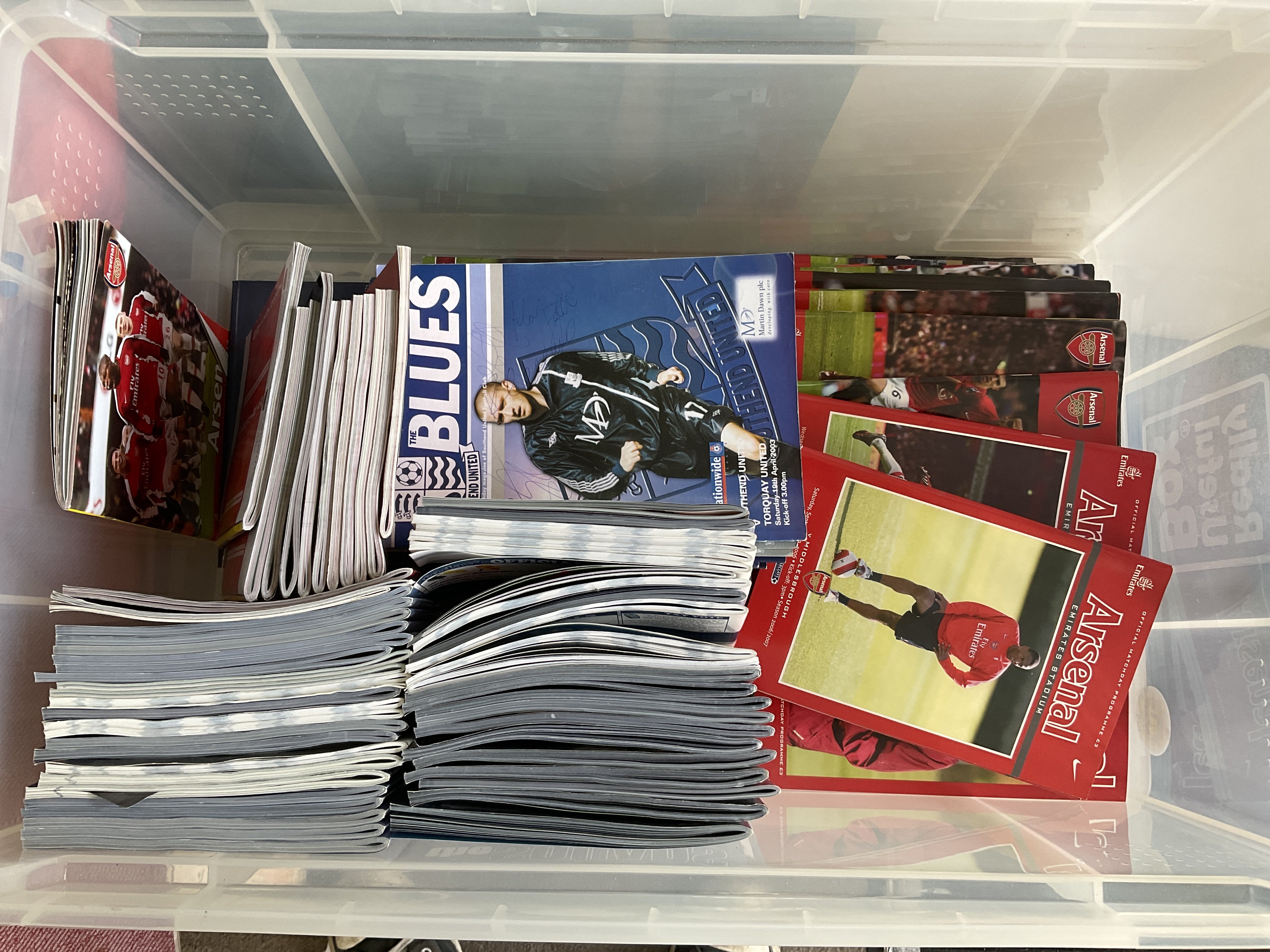 A large collection of Arsenal / Southend football programs.