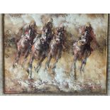 A framed acrylic on canvas of racehorses signed R.
