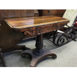 A Quality William VI rosewood card table with a hinged top the column with stylised acanthus leaves.