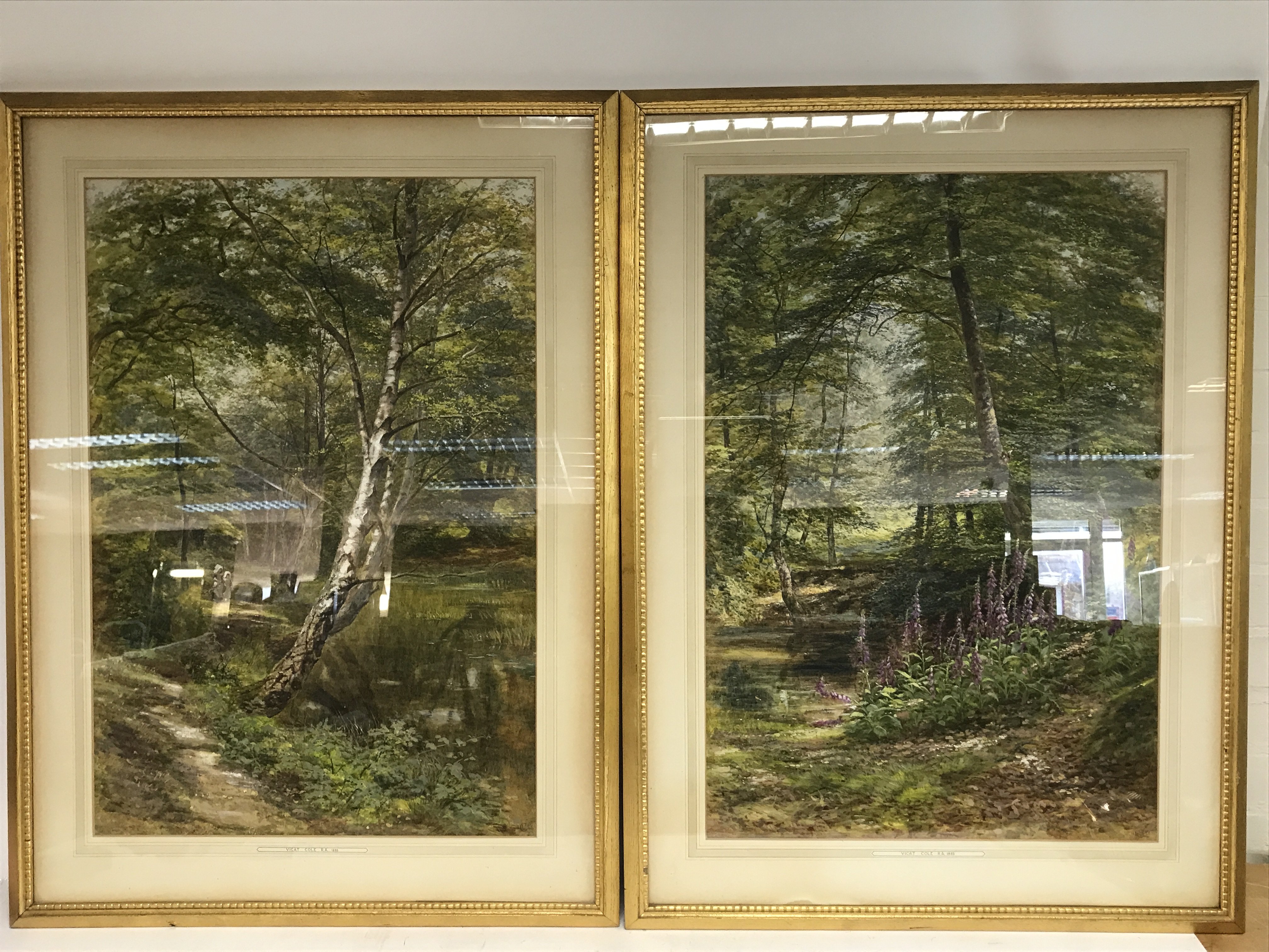 2 x Vicat Cole R.A 1885 water colour paintings of forest views. 88x65m