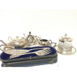 A silver plated tea set a silver plate and cut glass biscuit barrel and cased cutlery (A lot)