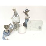 Three Lladro figures a Lladro bell and collectors plaque no damage.