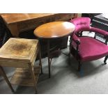 A burr walnut work box an oval mahogany occasional table and an Edwardian tub chair (3)