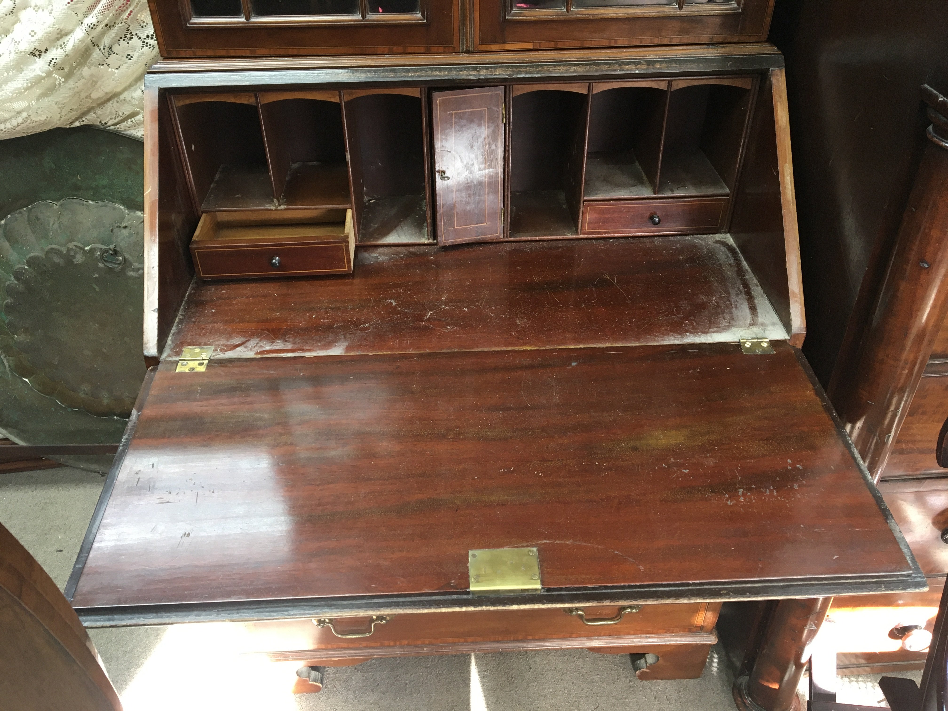 A well proportioned quality Edwardian bureau bookcase with a shaped pediment above a fall front - Image 2 of 2