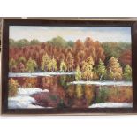 An oil on canvas of an autumnal landscape, indistinctly signed, approx dimensions including frame