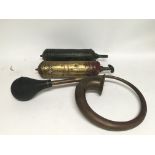 Two vintage car fire extinguishers and brass car h