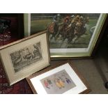 A framed horse racing print entitled Free From Home, a limited edition print and one other depicting