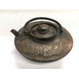 A Japanese copper kettle with raised decoration of dragons, approx width 17.5cm.