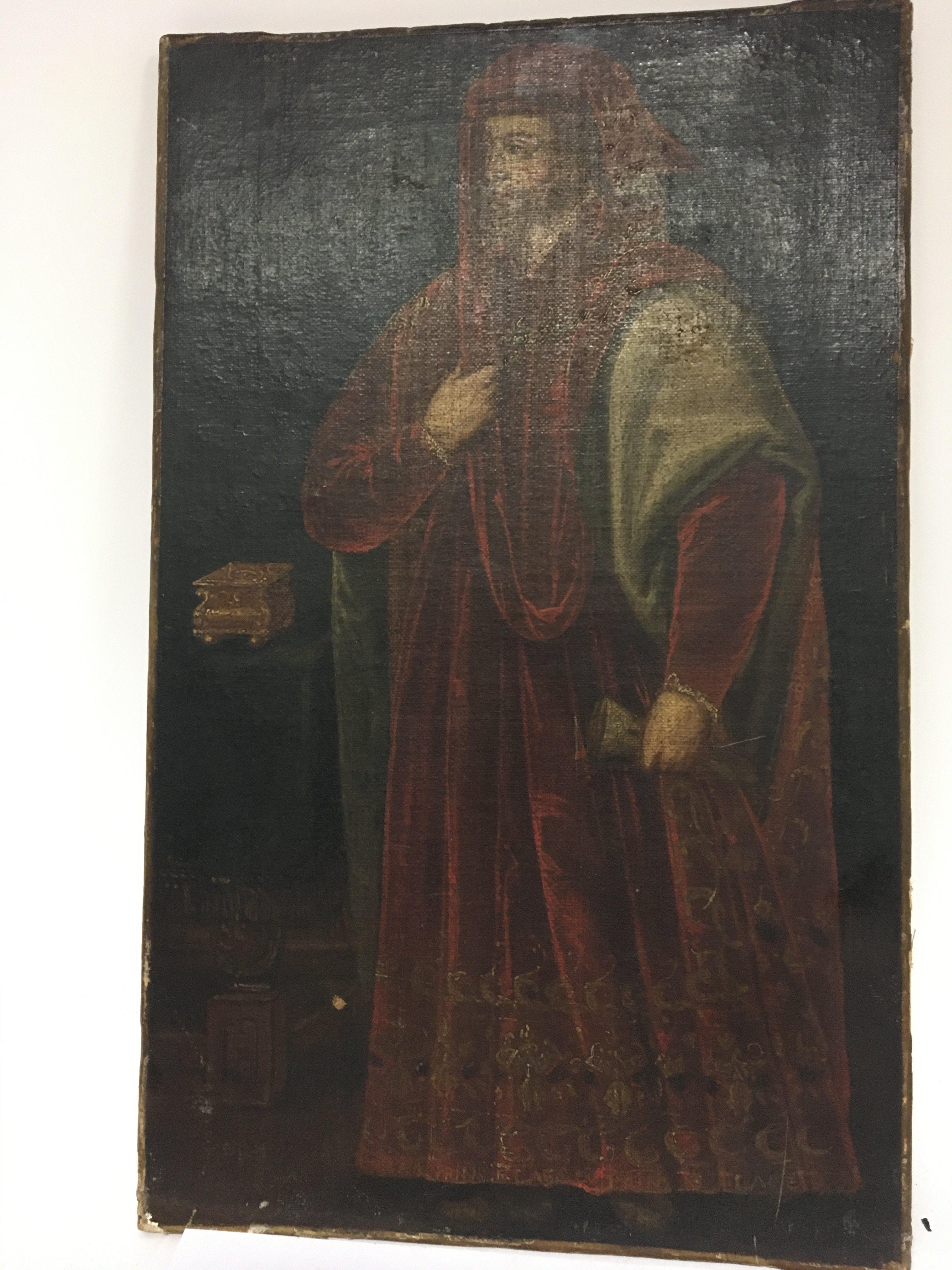 An unframed late 19th century oil painting depicting a 17th century figure in red robes unsigned.