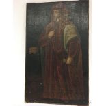 An unframed late 19th century oil painting depicting a 17th century figure in red robes unsigned.
