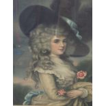 A framed Mezzotint print of a classical 18th century lady three quarter length in a gilt frame.