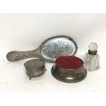 4 x Silver items- Large Silver pin cushion, small Silver ring box, a small hand mirror and a glass