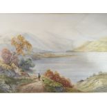 Three gilt framed Victorian British watercolours views across a Scottish Loch with figures. Signed H