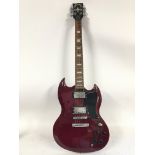 An Encore SG style electric guitar in burgundy wit