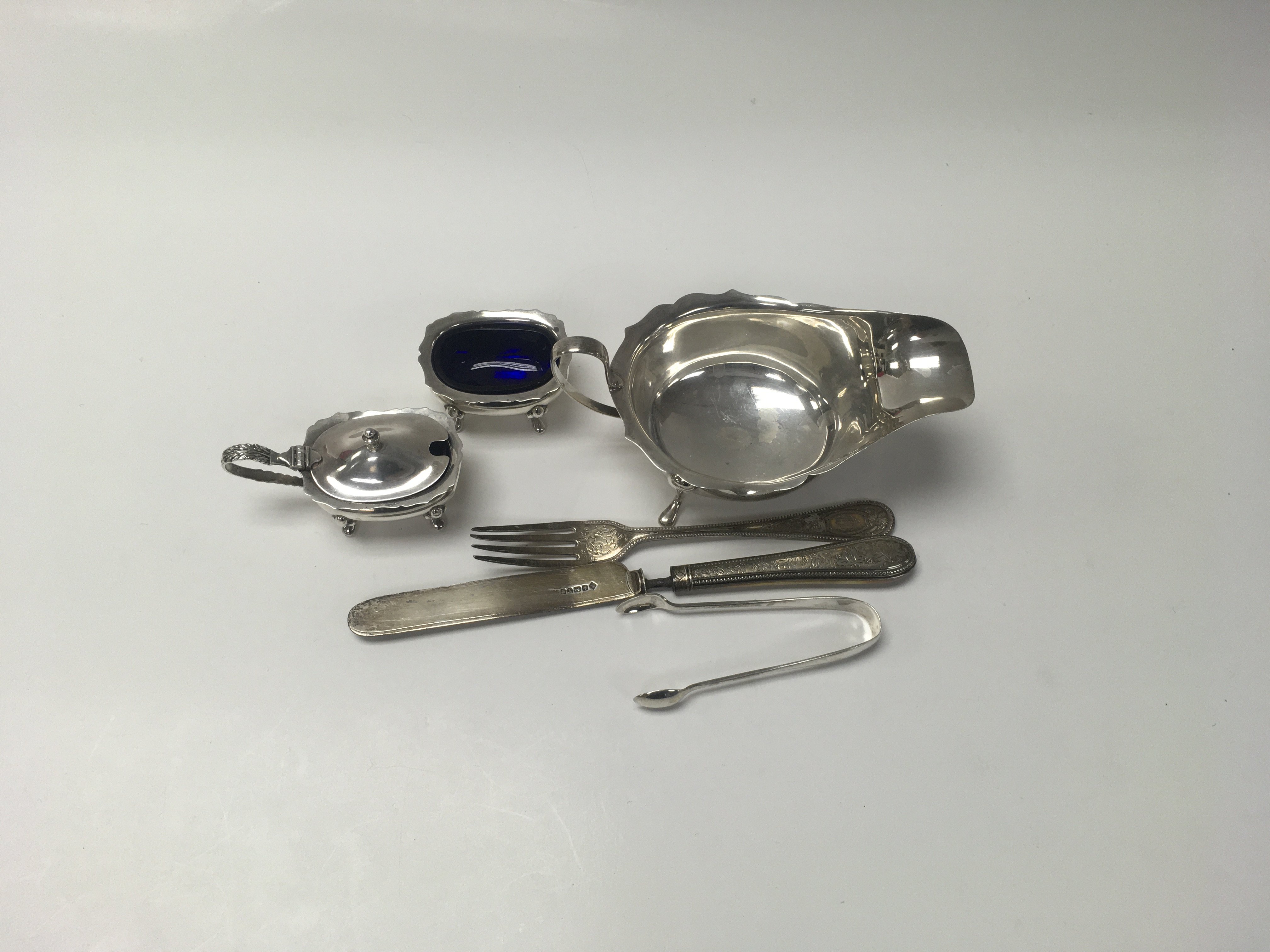 Silver gravy boat , part cruet + cutlery - Image 2 of 2