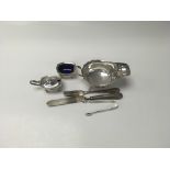 Silver gravy boat , part cruet + cutlery