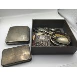 Two silver cases and a box of silver oddments and plated oddments (a lot)