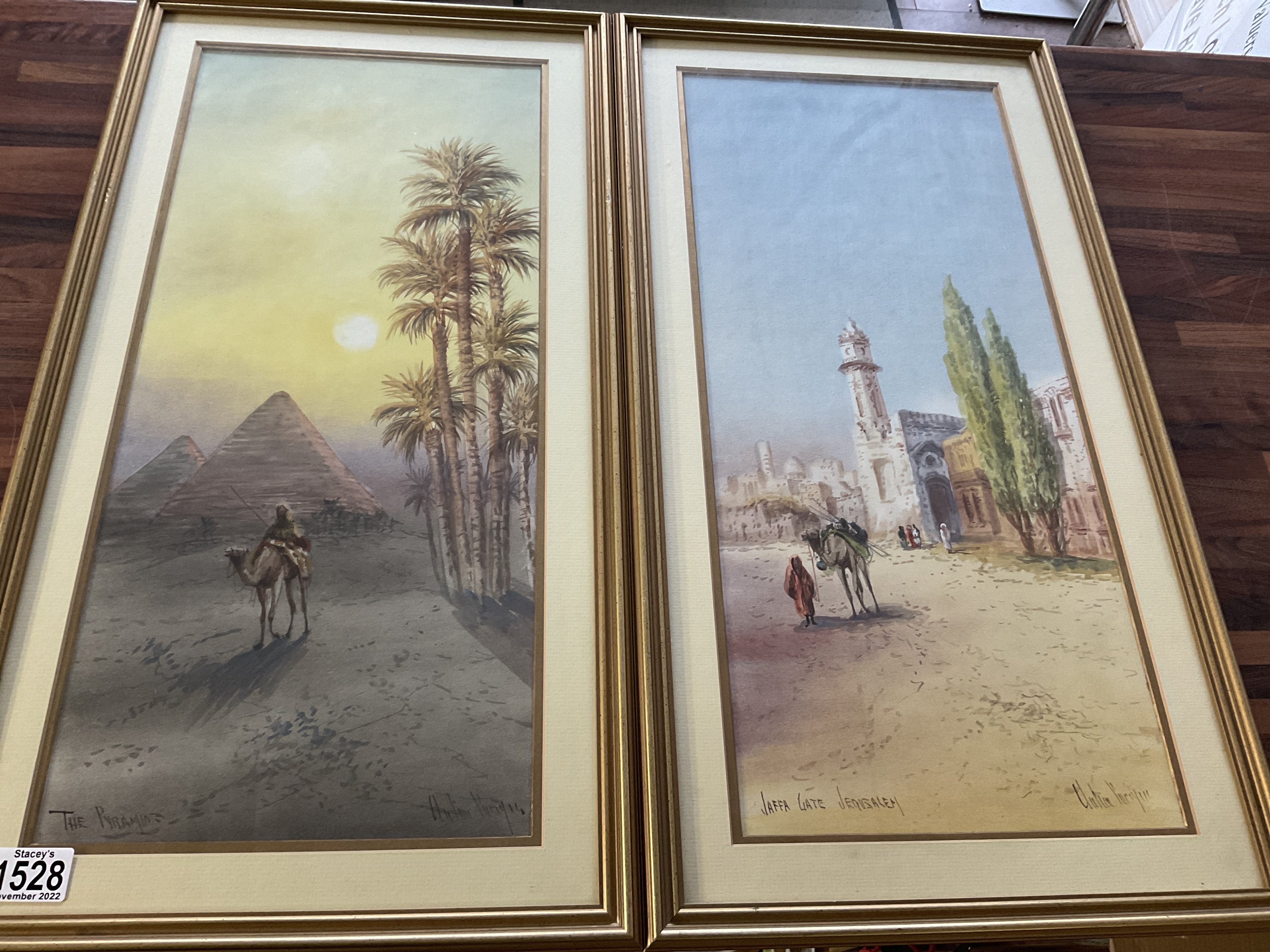 A pair of watercolours titles The Pyramids and Jaf