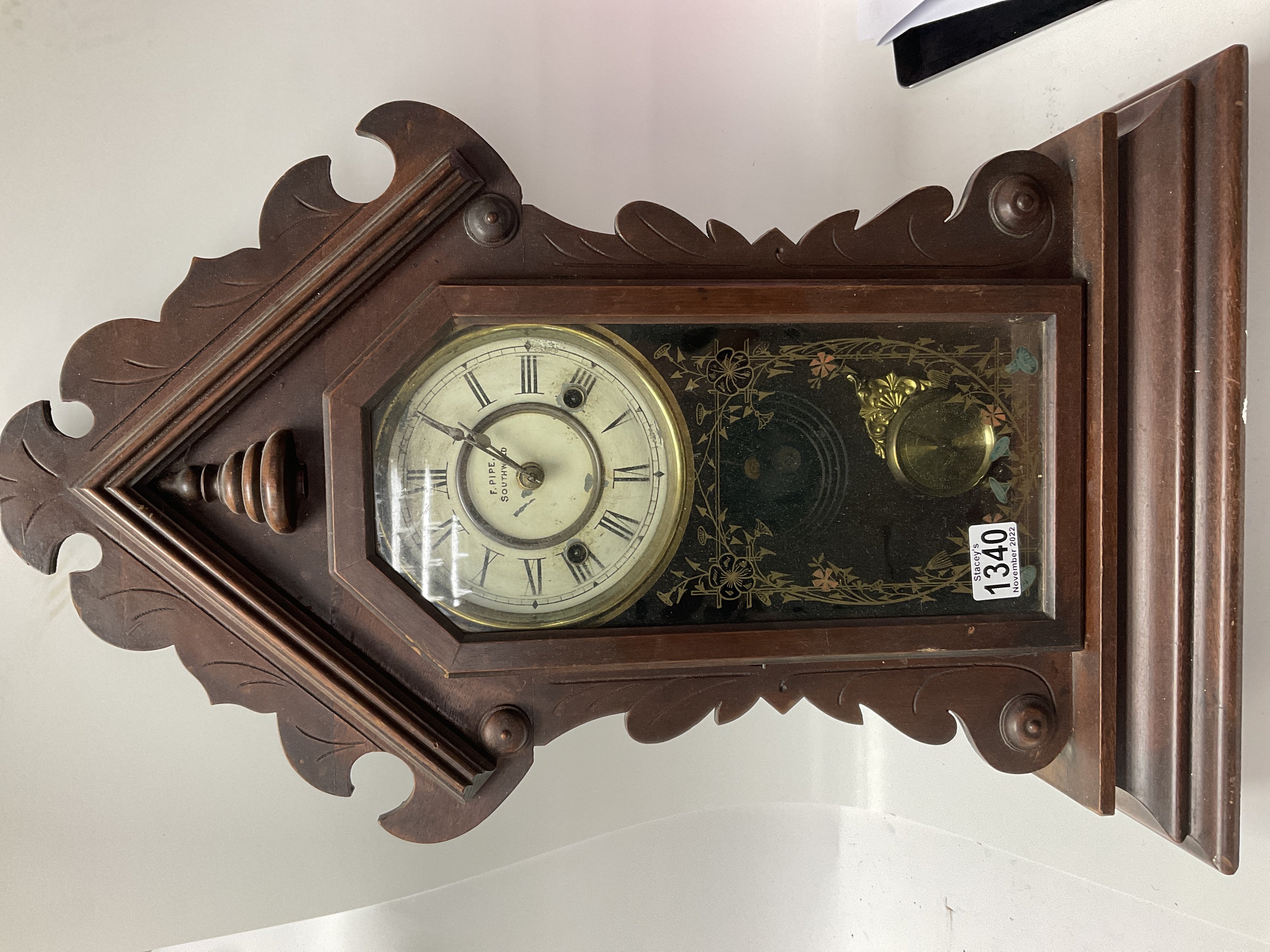 A small American pine mantle clock by F.Pipe, Sout