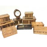 A Collection of Wooden Trinket Boxes and a Clock.