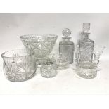 Collection of cut glass including bowls, decanters
