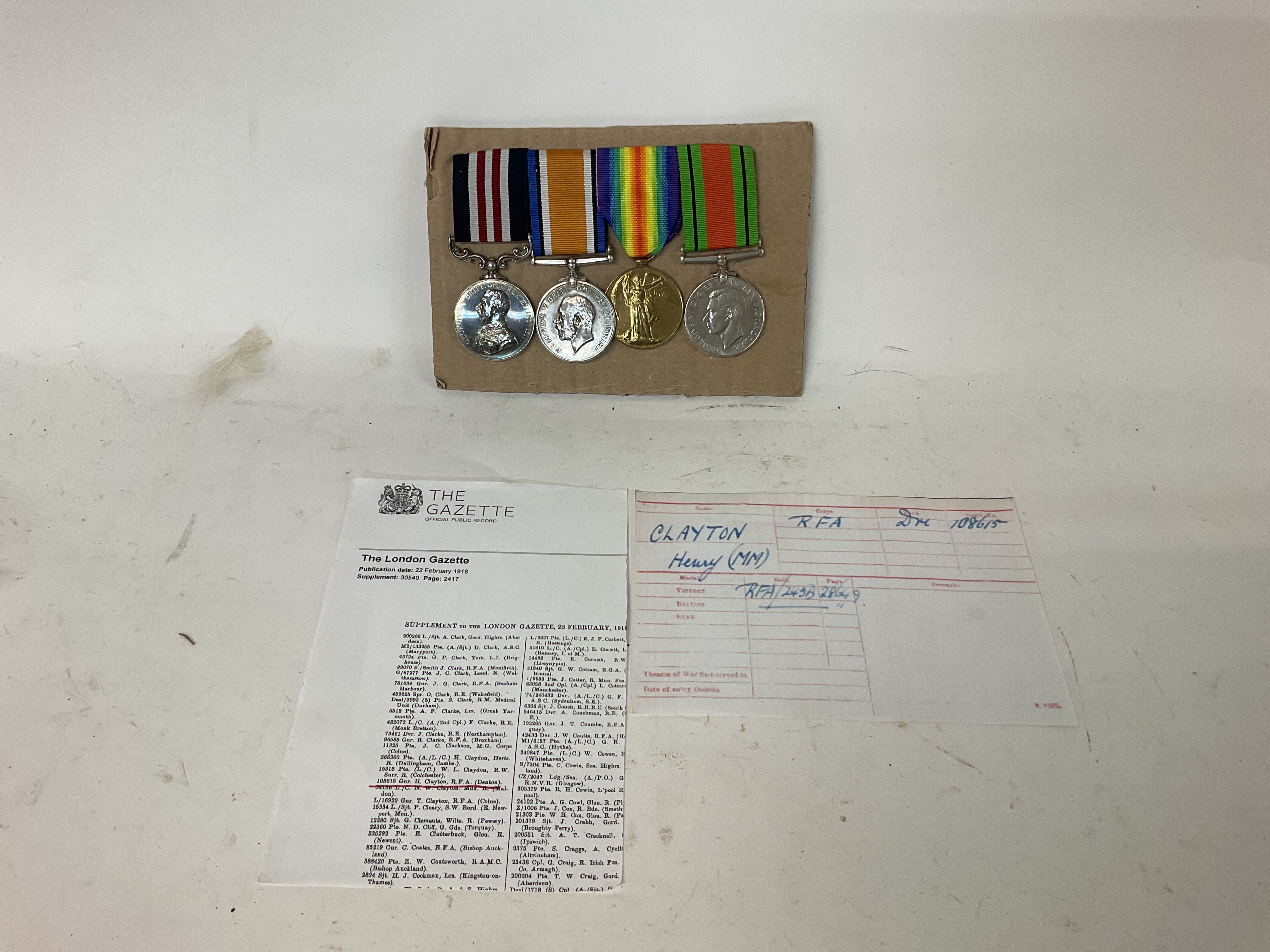 WW1 Military Medal Group To: 108615 GNR H. Clayton