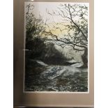 A framed watercolour depicting a winter landscape