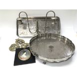 Silver plated table ware, medallions & a framed pi