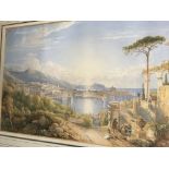 A framed watercolour depicting a Mediterranean coa