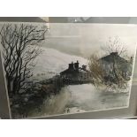 A framed watercolour depicting winter landscape vi