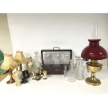 Glass decanters, gas lamp, silver and bronze ornam