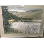 A framed watercolour depicting lake view by John C