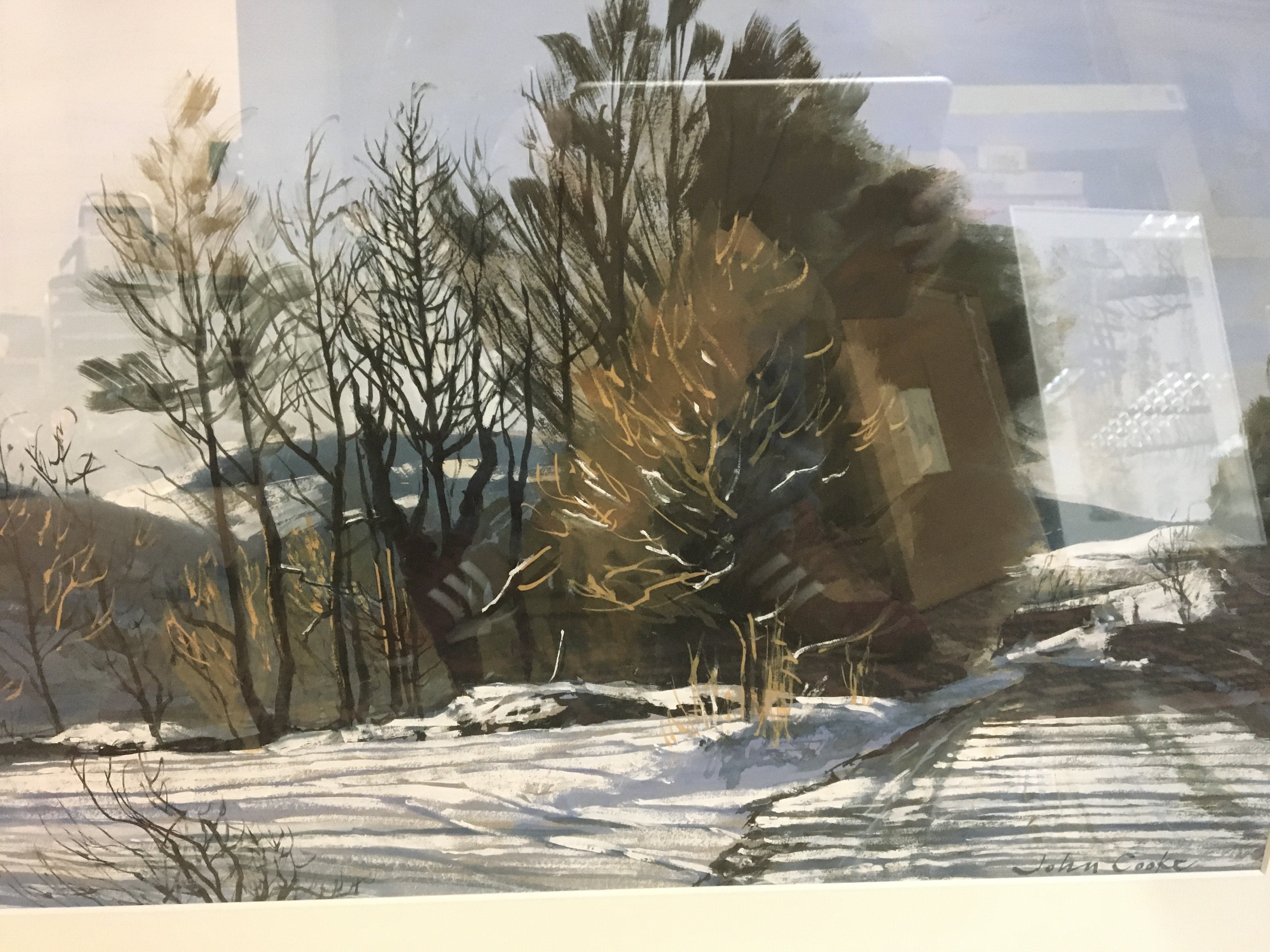 A framed watercolour depicting winter landscape vi